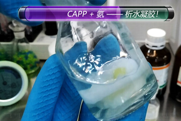 取10毫升capp与5毫升甲醛搅拌混合,2-3分钟后,形成透明果冻状凝胶,成